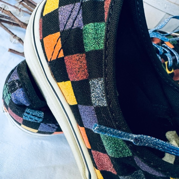 Metallic Checkered Multicolored Vans, women’s size 7.5, with Blue Sparkled Laces - Picture 5 of 13